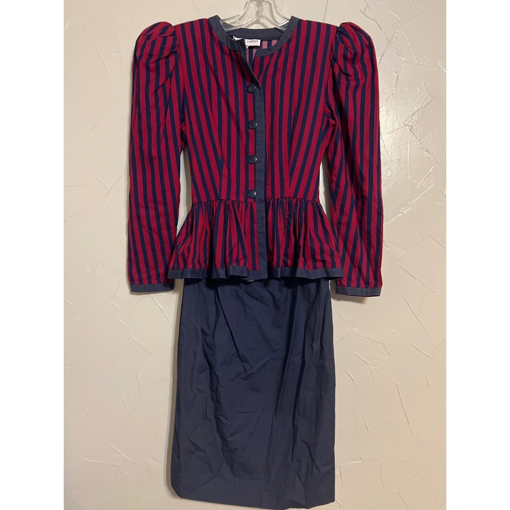 Leslie Lucks Midi Dress Women Size 4 Red Navy Striped Excellent Peplum Vintage